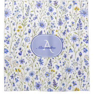 Blue Watercolor Wildflower Pattern Custom Name Shower Curtain