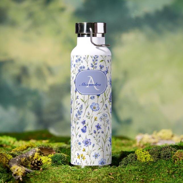 Blue Watercolor Wildflower Pattern Custom Name Water Bottle (Outdoor (Rotated))