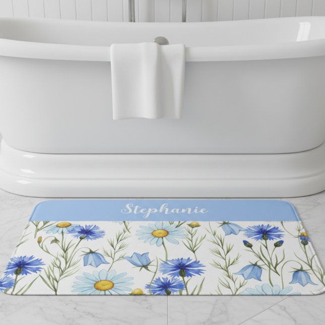 Blue Watercolor Wildflower Personalized Bath Mat (Creator Uploaded)