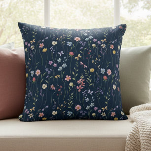 Blue Watercolor Wildflower Throw Pillow
