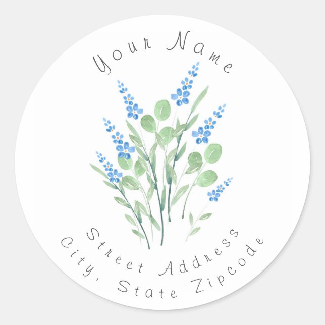 'Blue Watercolor Wildflowers Bouquet' Label (Front)