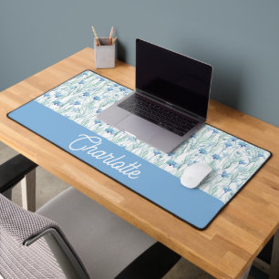 Blue watercolor wildflowers custom name desk mat