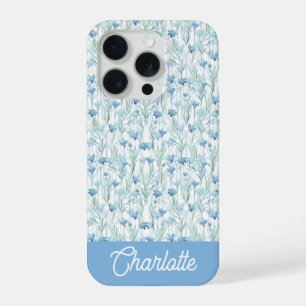 Blue watercolor wildflowers custom name iPhone 15 pro case