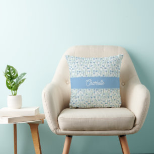 Blue watercolor wildflowers custom name throw pillow