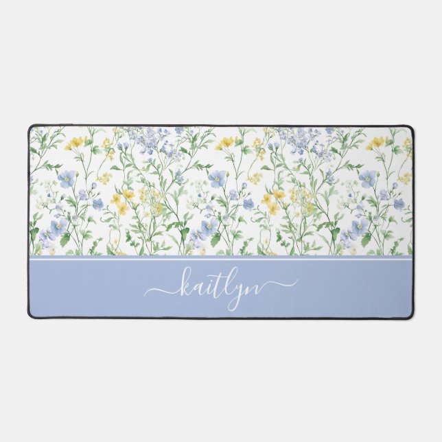 Blue Watercolor Wildflowers Desk Mat (Front)