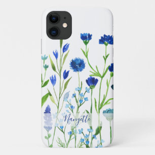 Blue Watercolor Wildflowers with name iPhone 11 Case