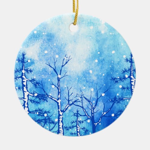 Blue Watercolor Winter Landscape Ceramic Ornament