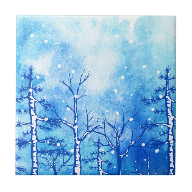Blue Watercolor Winter Landscape Ceramic Tile (Front)