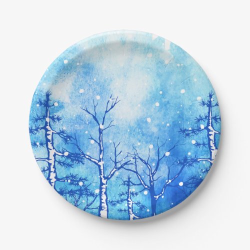 Blue Watercolor Winter Landscape Paper Plates