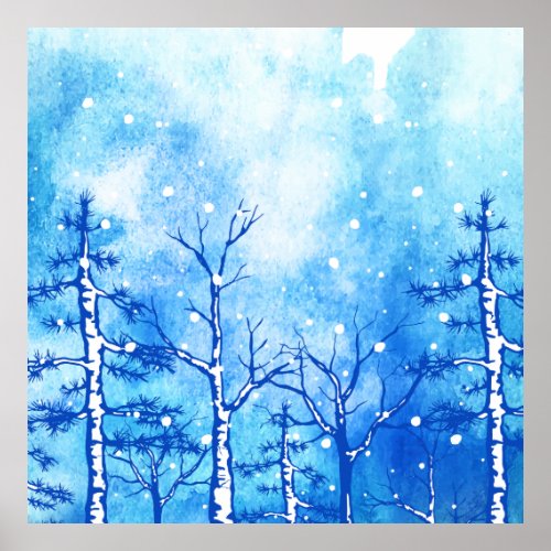 Blue Watercolor Winter Landscape Poster