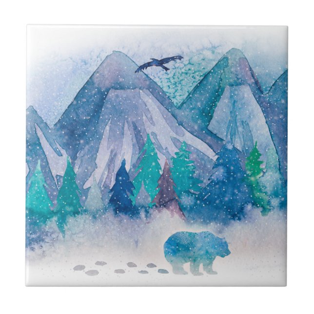 Blue Watercolor Winter Mountain Landscape Art Ceramic Tile (Front)
