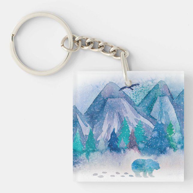 Blue Watercolor Winter Mountain Landscape Art Keychain (Front)