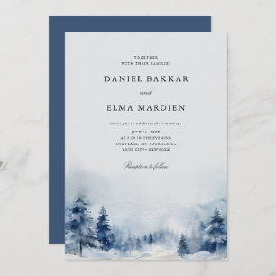 Blue Watercolor winter pine trees forest wedding Invitation