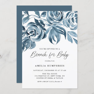 Blue Watercolor Winter Roses Baby Shower Brunch Invitation