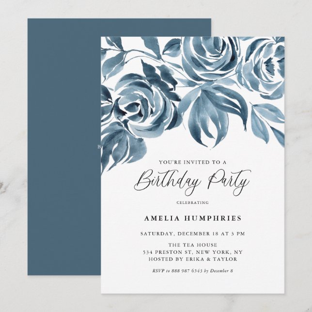 Blue Watercolor Winter Roses Birthday Party Invitation (Front/Back)
