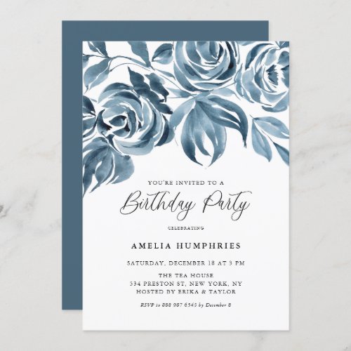 Blue Watercolor Winter Roses Birthday Party Invitation