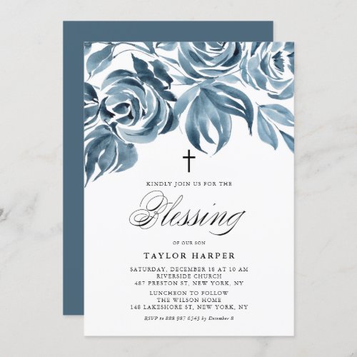 Blue Watercolor Winter Roses Bouquet Baptism Invit Invitation