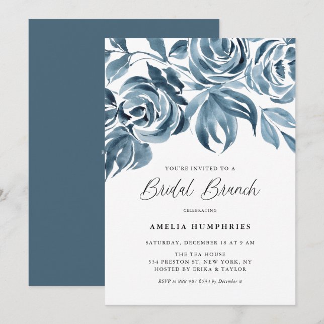 Blue Watercolor Winter Roses Bridal Brunch Invitation (Front/Back)