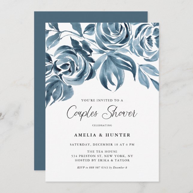 Blue Watercolor Winter Roses Couples Shower Invitation (Front/Back)