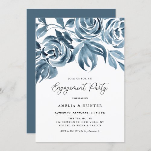 Blue Watercolor Winter Roses Engagement Party Invitation