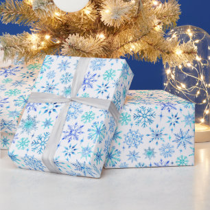 Blue Watercolor Winter Snowflakes and Sparkles Wrapping Paper