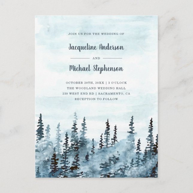 Blue Watercolor Winter Woodland Forest Wedding Invitation Postcard (Front)