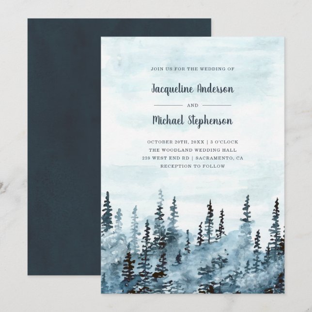Blue Watercolor Winter Woodland Rustic Wedding Invitation (Front/Back)