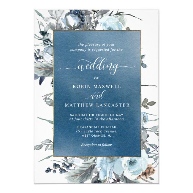 Blue Watercolor with Elegant Blue Floral Wedding Invitation