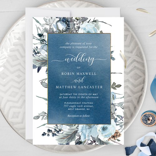 Blue Watercolor with Elegant Blue Floral Wedding Invitation