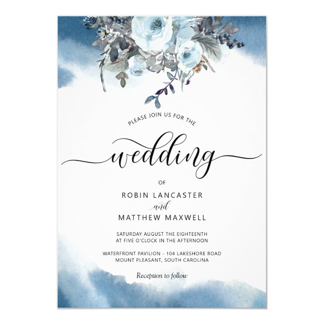 Blue Watercolor with Elegant Blue Floral Wedding Invitation