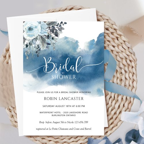 Blue Watercolor with Floral Bridal ShowerBrunch Invitation