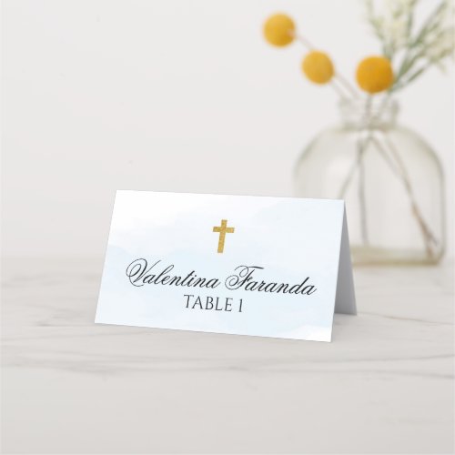 Blue Watercolor With Gold Cross Baptism Place Card
