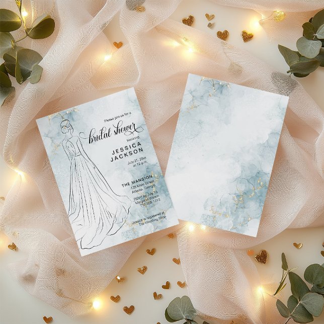 Blue Watercolor with Gold Glitter Bridal Shower Invitation (Creator Uploaded)