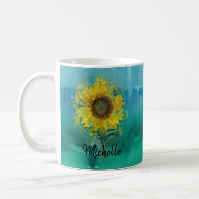 Blue Watercolor with Sunflower Coffee Mug (Left)