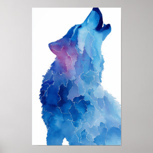 Blue watercolor wolf howling poster