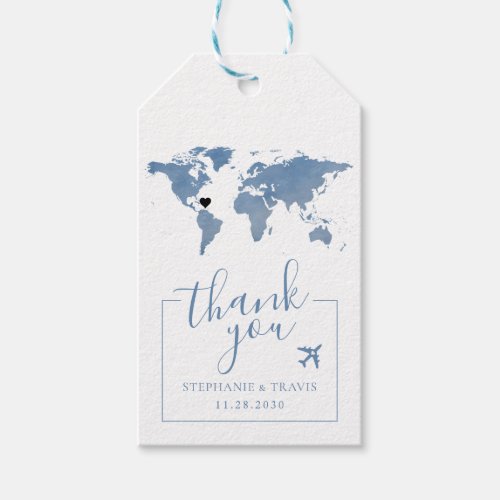 Blue Watercolor World Map Luggage Favor Tags