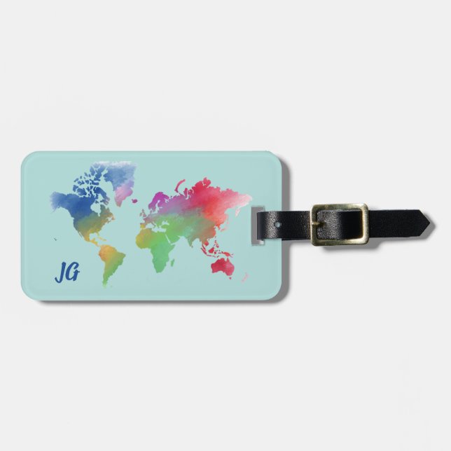 Blue Watercolor World Map Luggage Tag (Front Horizontal)
