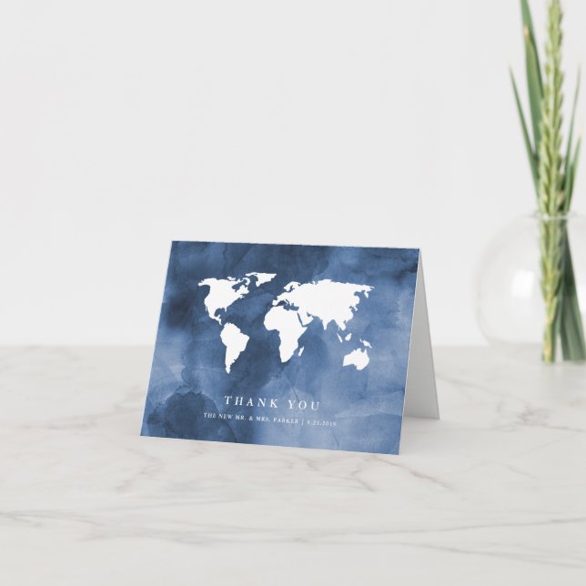 Blue Watercolor | World Map Thank You Card (Front)
