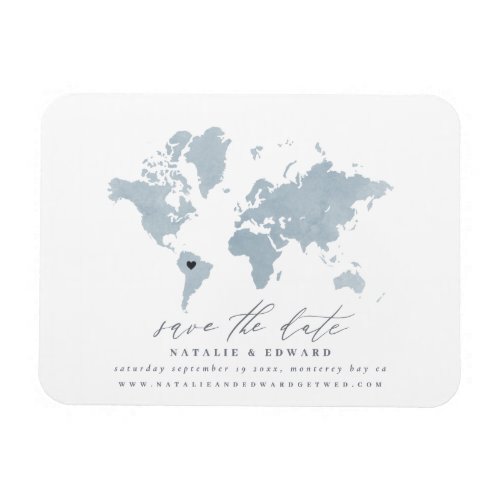 Blue watercolor world map wedding announcement magnet