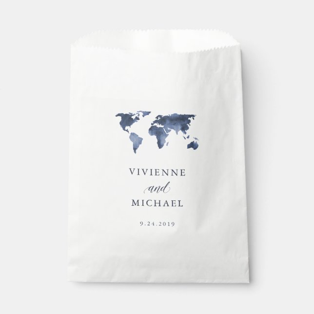 Blue Watercolor | World Map Wedding Favor Bag (Front)