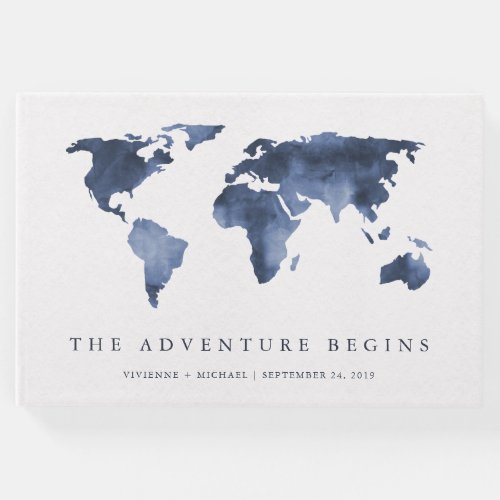 Blue Watercolor  World Map Wedding Guest Book