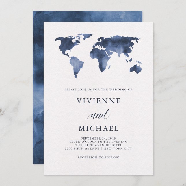 Blue Watercolor World Map | Wedding Invitation (Front/Back)