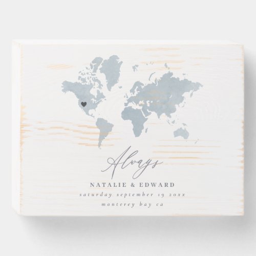 Blue watercolor world map wedding or anniversary wooden box sign