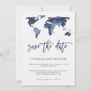Blue Watercolor World Map Wedding Save the Date
