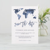 Blue Watercolor World Map | Wedding Save the Date (Standing Front)
