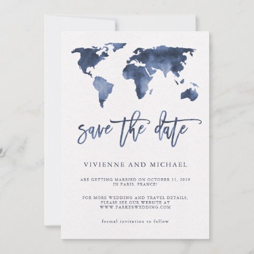 Blue Watercolor World Map  Wedding Save the Date