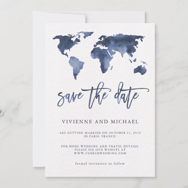 Blue Watercolor World Map | Wedding Save the Date (Front)