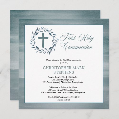 Blue Watercolor Wreath Boy First Holy Communion Invitation
