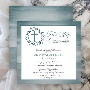 Blue Watercolor Wreath Boy First Holy Communion Invitation