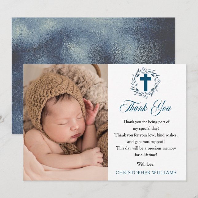 Blue Watercolor Wreath Boy Photo Baptism Thank You Card (Front/Back)